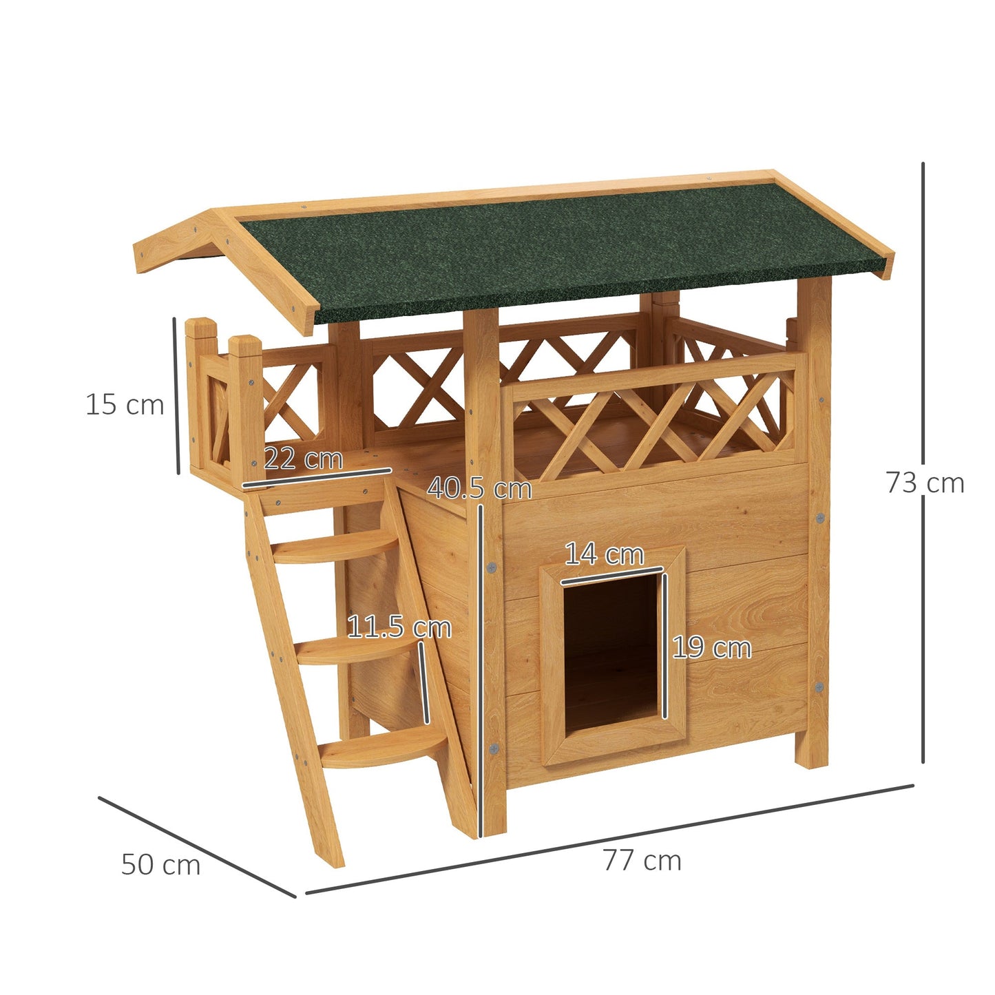 Outdoor Cat House Kitten Shelter Puppy Kennel with Balcony Stairs Asphalt Roof, 77 x 50 x 73 cm, Natural Wood Finish