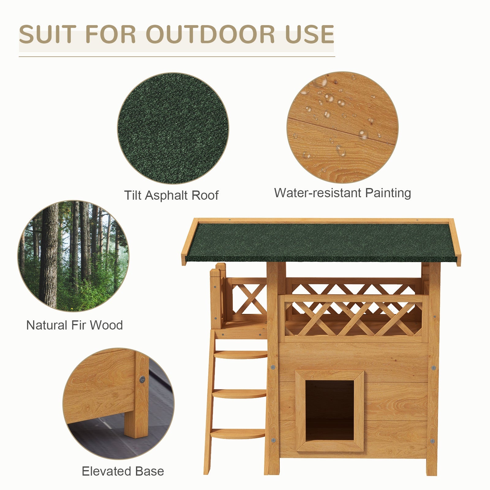 Outdoor Cat House Kitten Shelter Puppy Kennel with Balcony Stairs Asphalt Roof, 77 x 50 x 73 cm, Natural Wood Finish