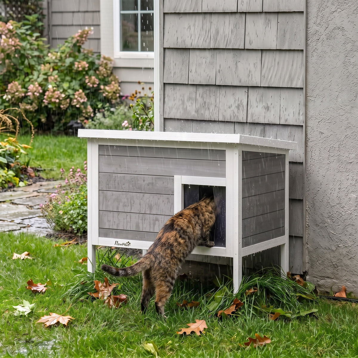 Outdoor Cat House Weatherproof with Removable Insulated Liner, Raised Wooden Cat House, Insulated Cat Shelter, Outdoor Use, Waterproof Asphalt Roof, Escape Door, Opening Top