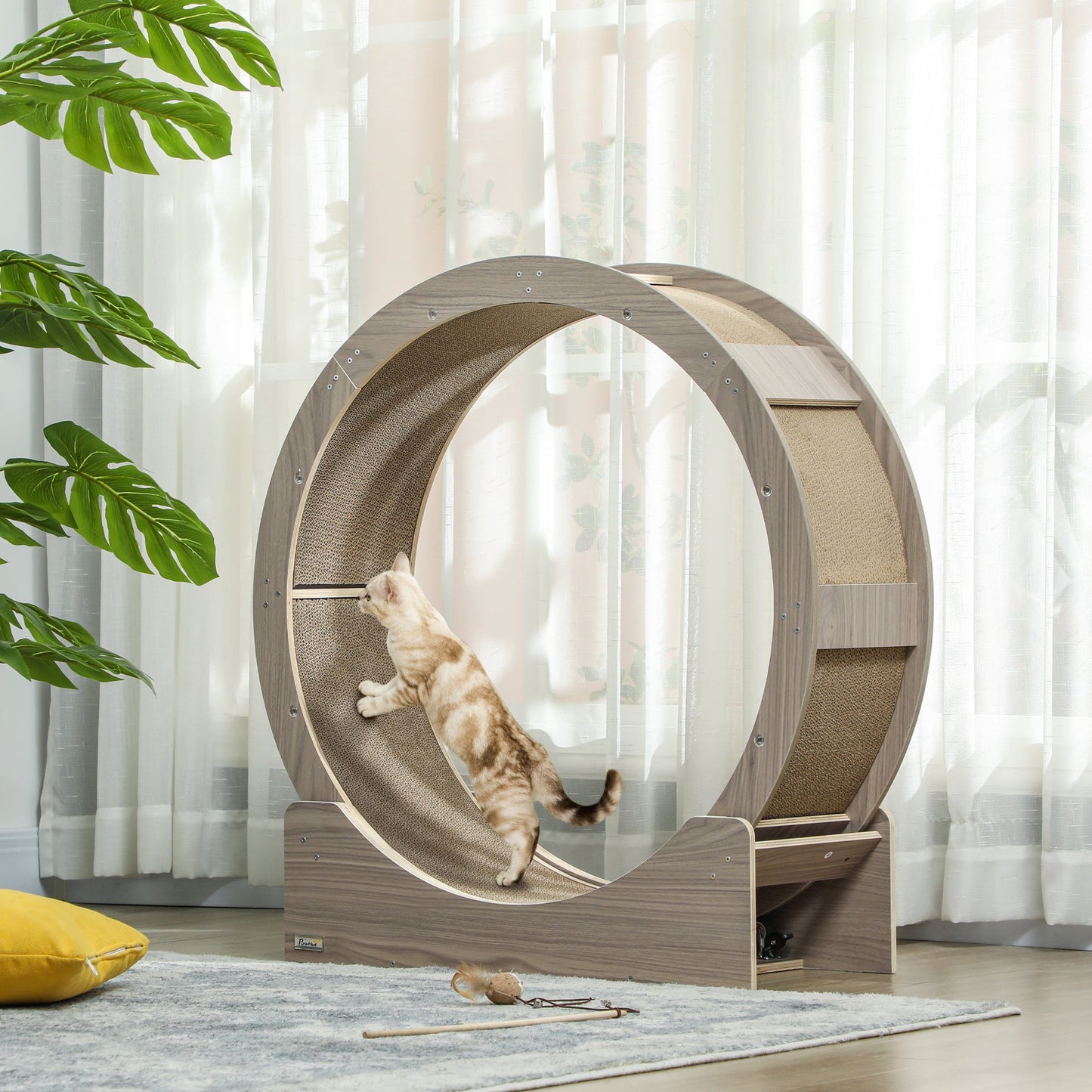 Cat Wheel for Indoor Cats, Cat Treadmill with Brake, Scratching Pads, Cat Exercise Wheel for Health - Walnut Brown