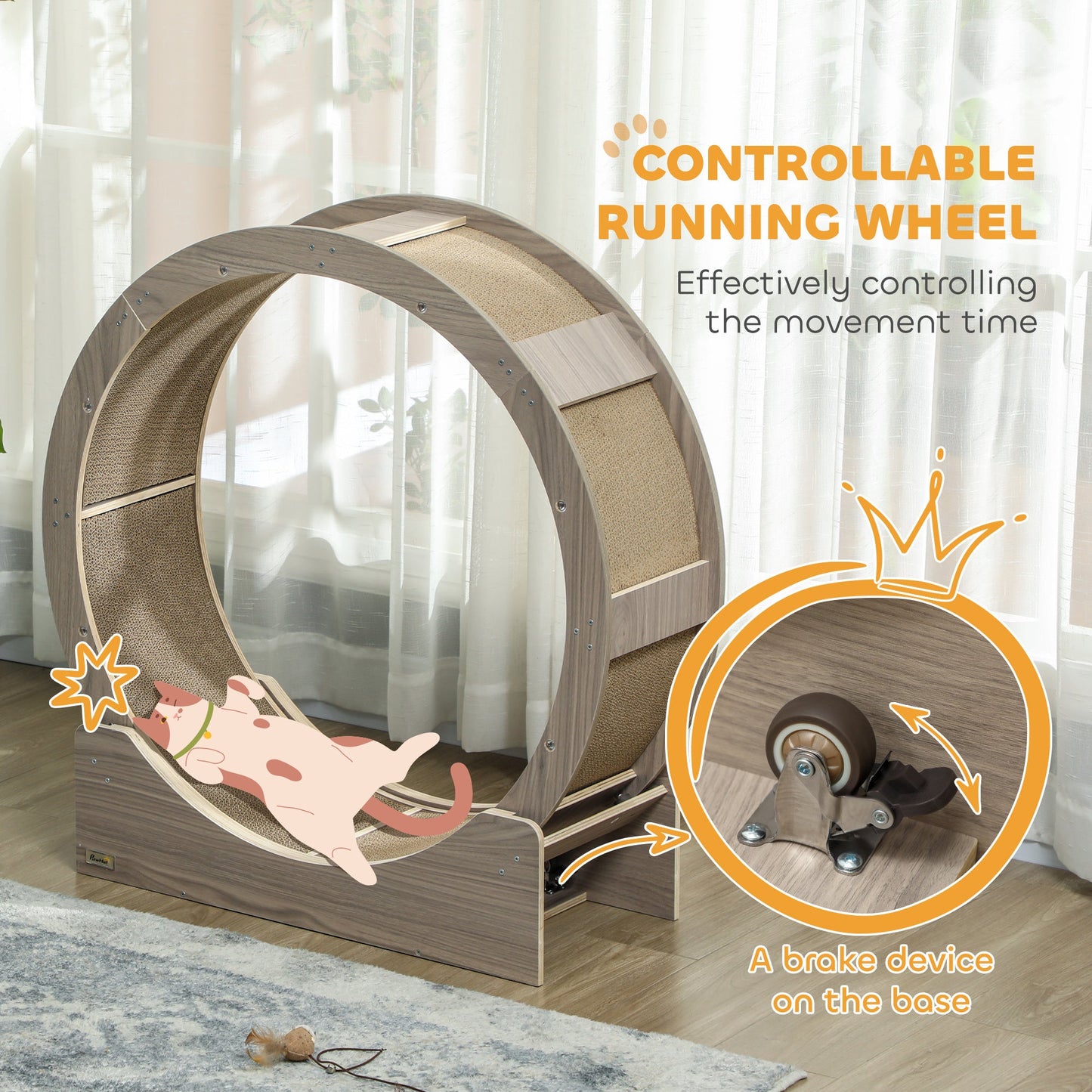 Cat Wheel for Indoor Cats, Cat Treadmill with Brake, Scratching Pads, Cat Exercise Wheel for Health - Walnut Brown
