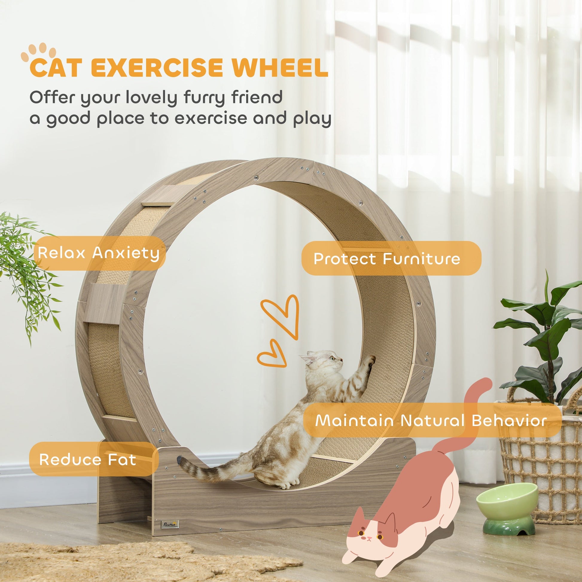 Cat Wheel for Indoor Cats, Cat Treadmill with Brake, Scratching Pads, Cat Exercise Wheel for Health - Walnut Brown