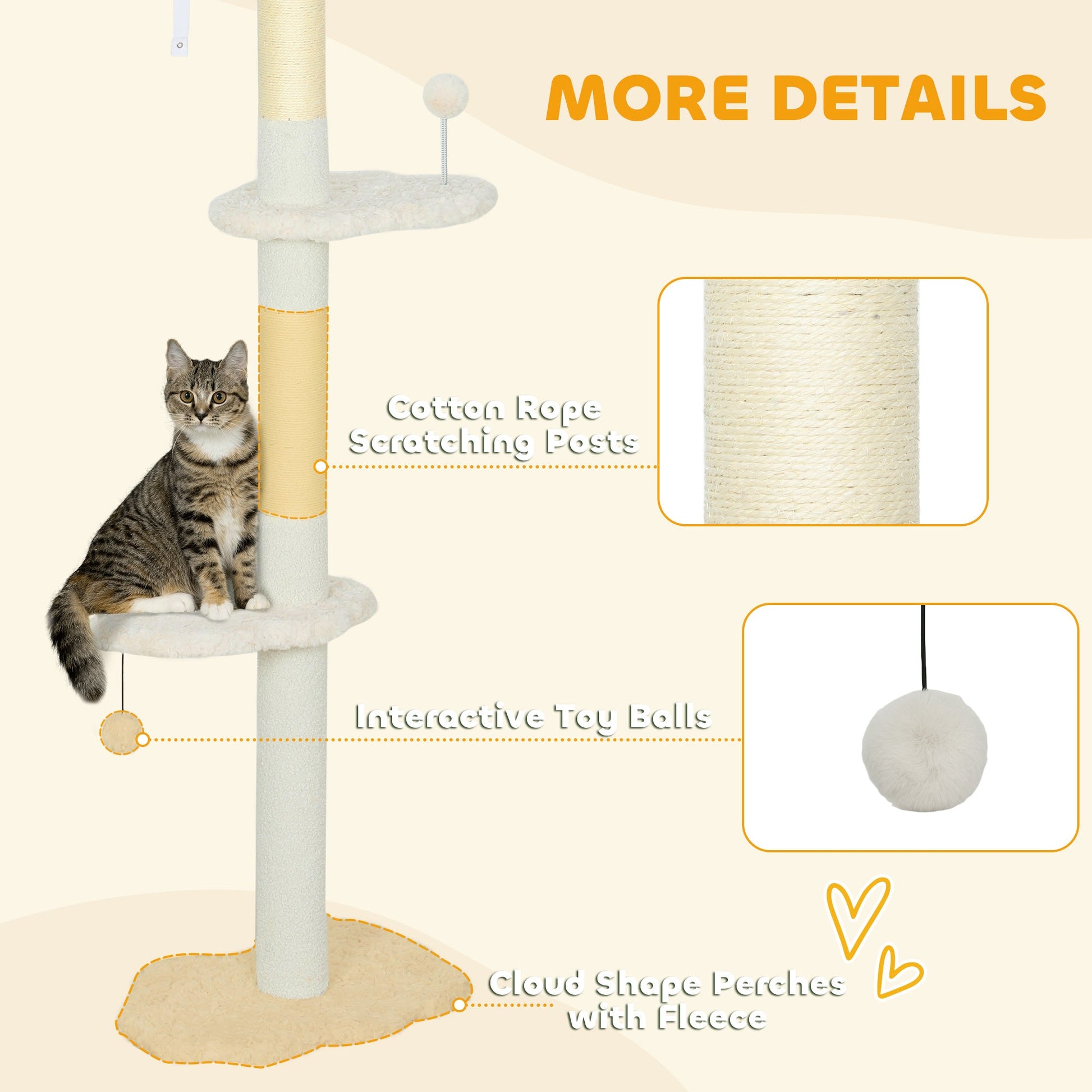 Floor to Ceiling Cat Tree, 225-255 cm Adjustable Cat Climbing Tower with 3 Cloud Perches, Sisal Scratching Posts, 2 Hanging Play Balls and Anti-Tip Strap, Beige