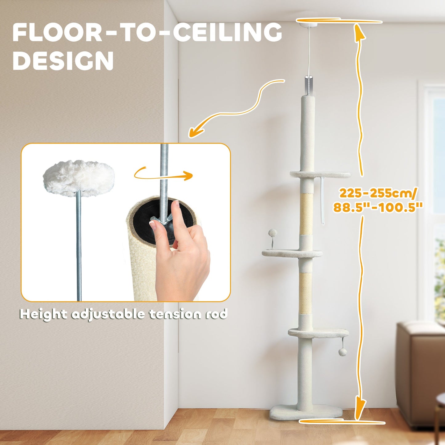 Floor to Ceiling Cat Tree, 225-255 cm Adjustable Cat Climbing Tower with 3 Cloud Perches, Sisal Scratching Posts, 2 Hanging Play Balls and Anti-Tip Strap, Beige