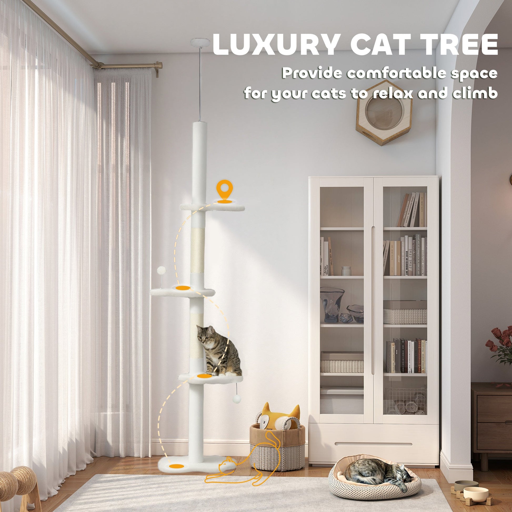 Floor to Ceiling Cat Tree, 225-255 cm Adjustable Cat Climbing Tower with 3 Cloud Perches, Sisal Scratching Posts, 2 Hanging Play Balls and Anti-Tip Strap, Beige