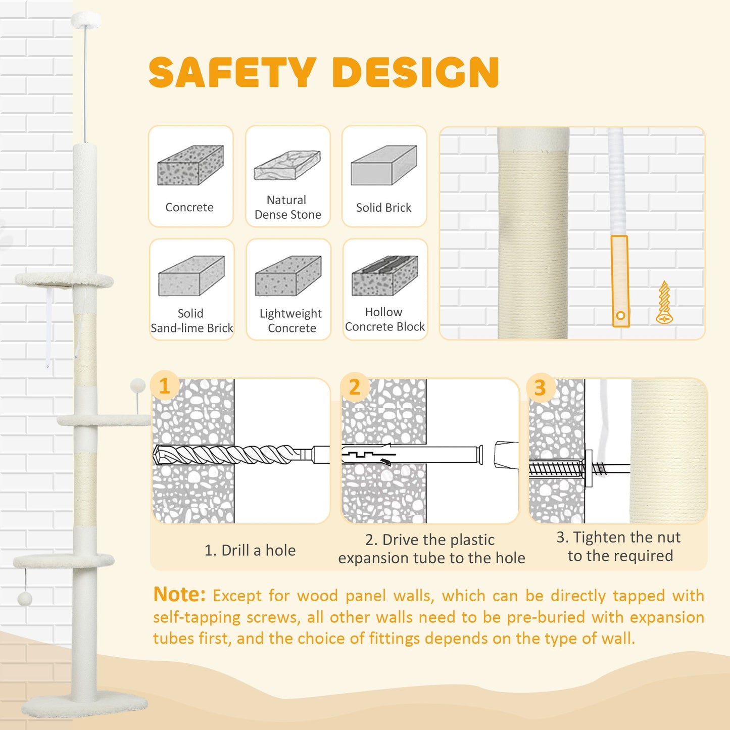 Floor to Ceiling Cat Tree, 225-255 cm Adjustable Cat Climbing Tower with 3 Cloud Perches, Sisal Scratching Posts, 2 Hanging Play Balls and Anti-Tip Strap, Beige