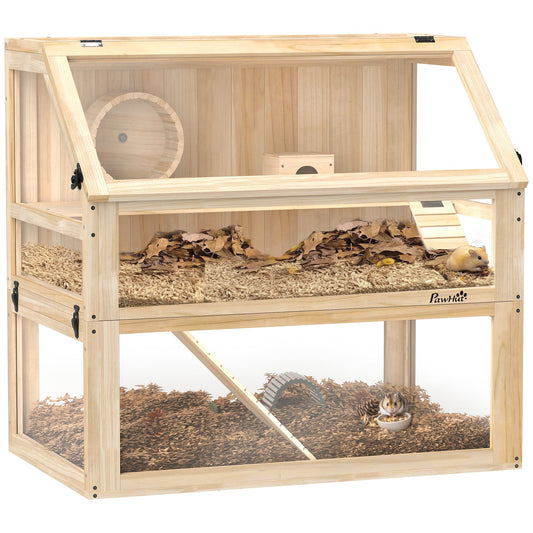 Wooden Hamster Cage, 3 Tier Small Gerbil Cage with Detachable 31cm Deep Bottom, Hut, Seesaw, Exercise Wheel, Ramps, Natural Wood Finish