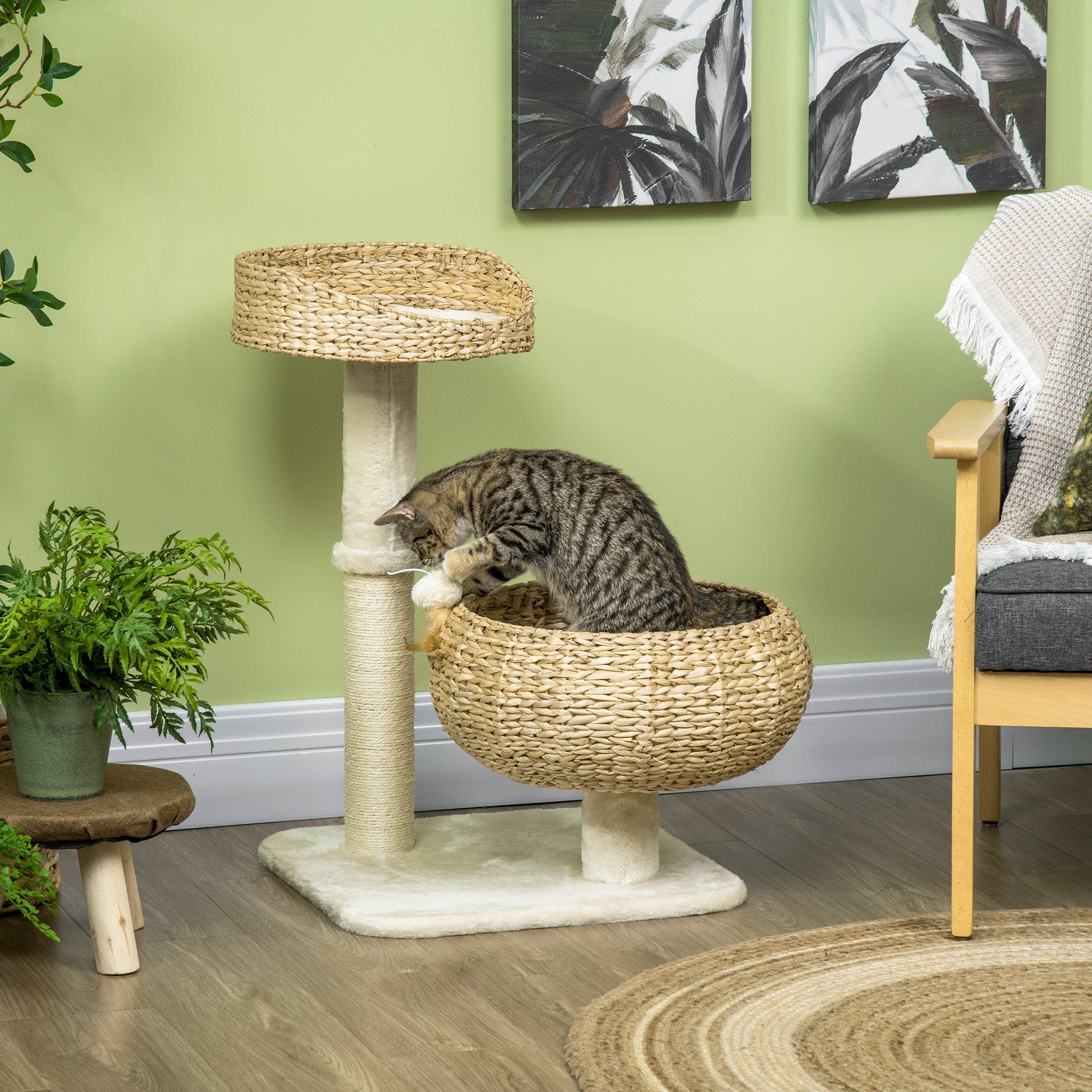 72cm Cat Tree with 2 Beds, Cat Tower with Scratching Post, Toy Ball for for Indoor Kittens - Beige