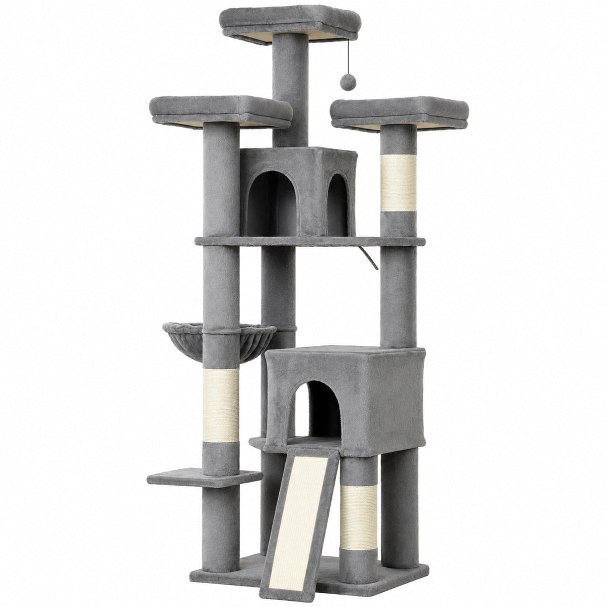 184cm Large Cat Tree for Indoor Cats, Multi-Level Tall Kitty Tower with 3 Scratching Posts, 2 Condos, 3 Padded Beds, Hammock, Ladder, for Small to Large Kittens, Dark Grey