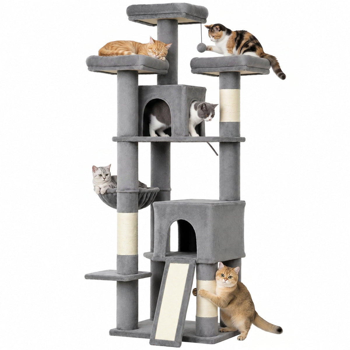 184cm Large Cat Tree for Indoor Cats, Multi-Level Tall Kitty Tower with 3 Scratching Posts, 2 Condos, 3 Padded Beds, Hammock, Ladder, for Small to Large Kittens, Dark Grey