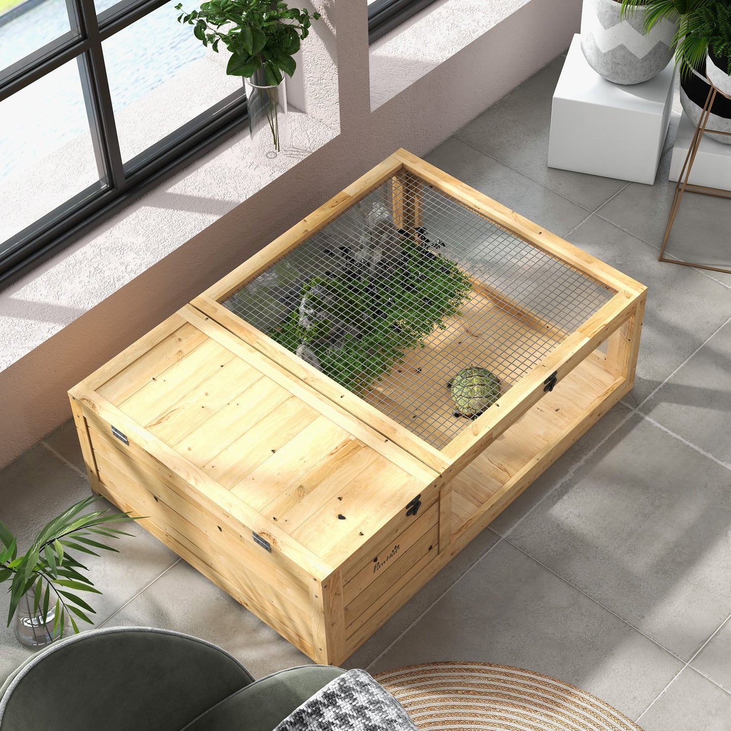 Tortoise House with Mesh Roof, Small Reptile Wooden House, Tortoise Enclosure with Removable Side Panel, for Indoor - Light Yellow