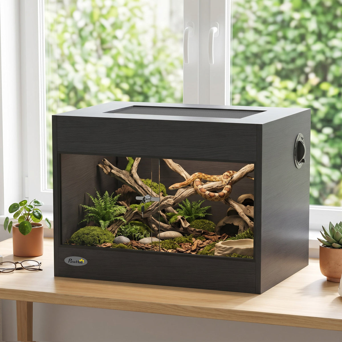Reptile Terrarium, High-Strength Reptile Vivarium with Sliding Glass Doors, Secure Lock and Top Ventilation, Tarantula Enclosure for Bearded Dragon, Snake and Gecko, 60 x 45 x 45 cm, Black