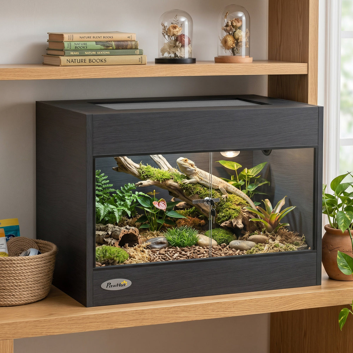 Reptile Terrarium, High-Strength Reptile Vivarium with Sliding Glass Doors, Secure Lock and Top Ventilation, Tarantula Enclosure for Bearded Dragon, Snake and Gecko, 60 x 45 x 45 cm, Black