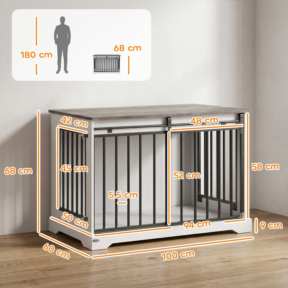 Dog Crate Furniture, 100 cm Large Double Door Wooden Dog Crate with Sliding Barn Door, Indoor Kennel End Table for Large Breeds, Anti-Chew Steel Puppy Cage, White