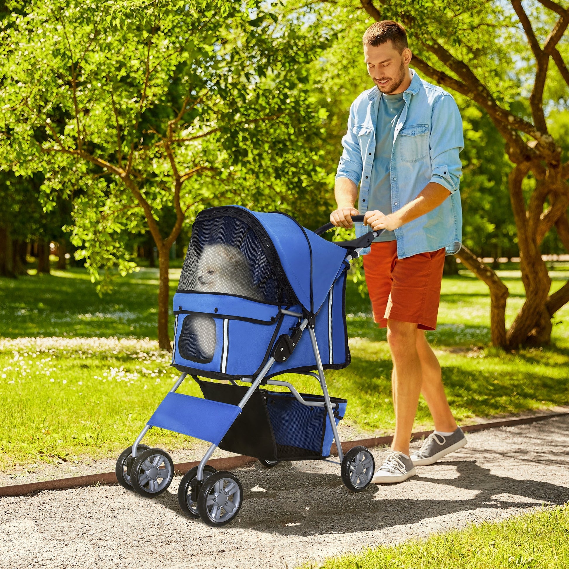 Pet Stroller for Small Miniature Dogs Cats Foldable Travel Carriage with Wheels Zipper Entry Cup Holder Storage Basket Blue