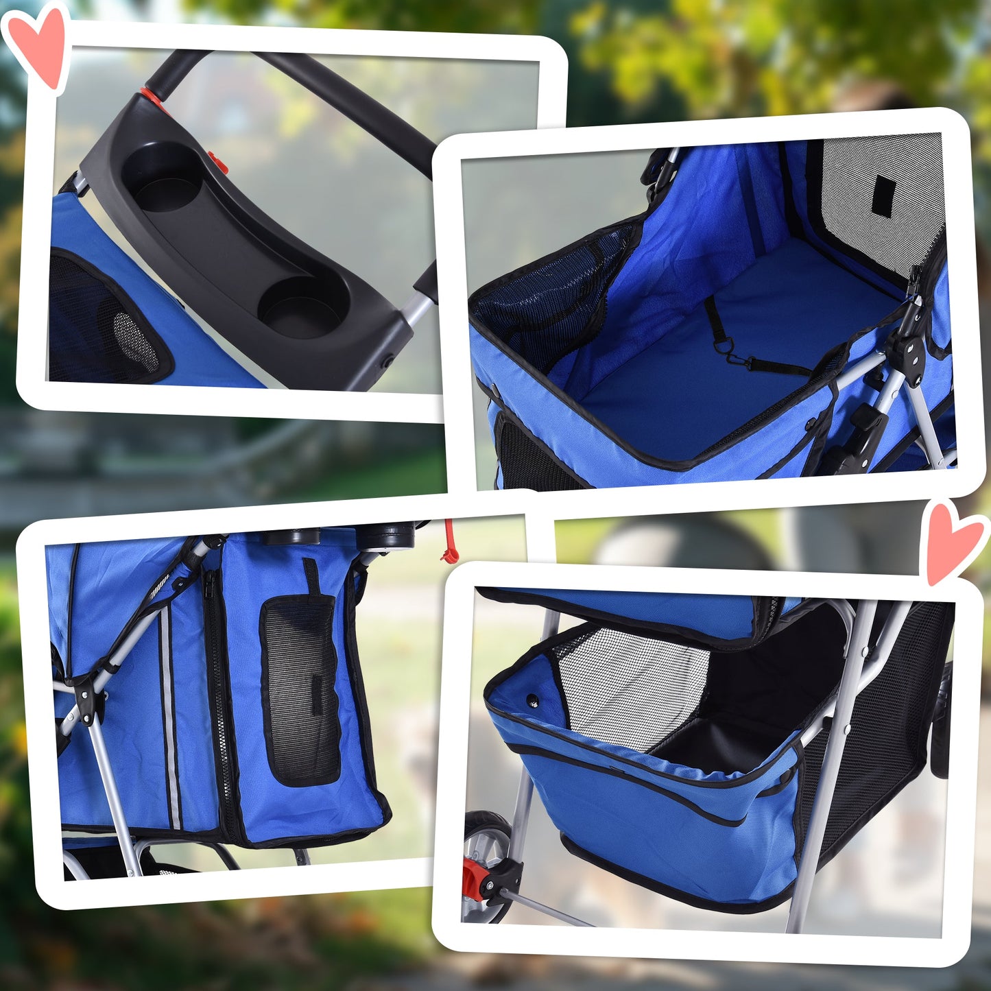 Pet Stroller for Small Miniature Dogs Cats Foldable Travel Carriage with Wheels Zipper Entry Cup Holder Storage Basket Blue