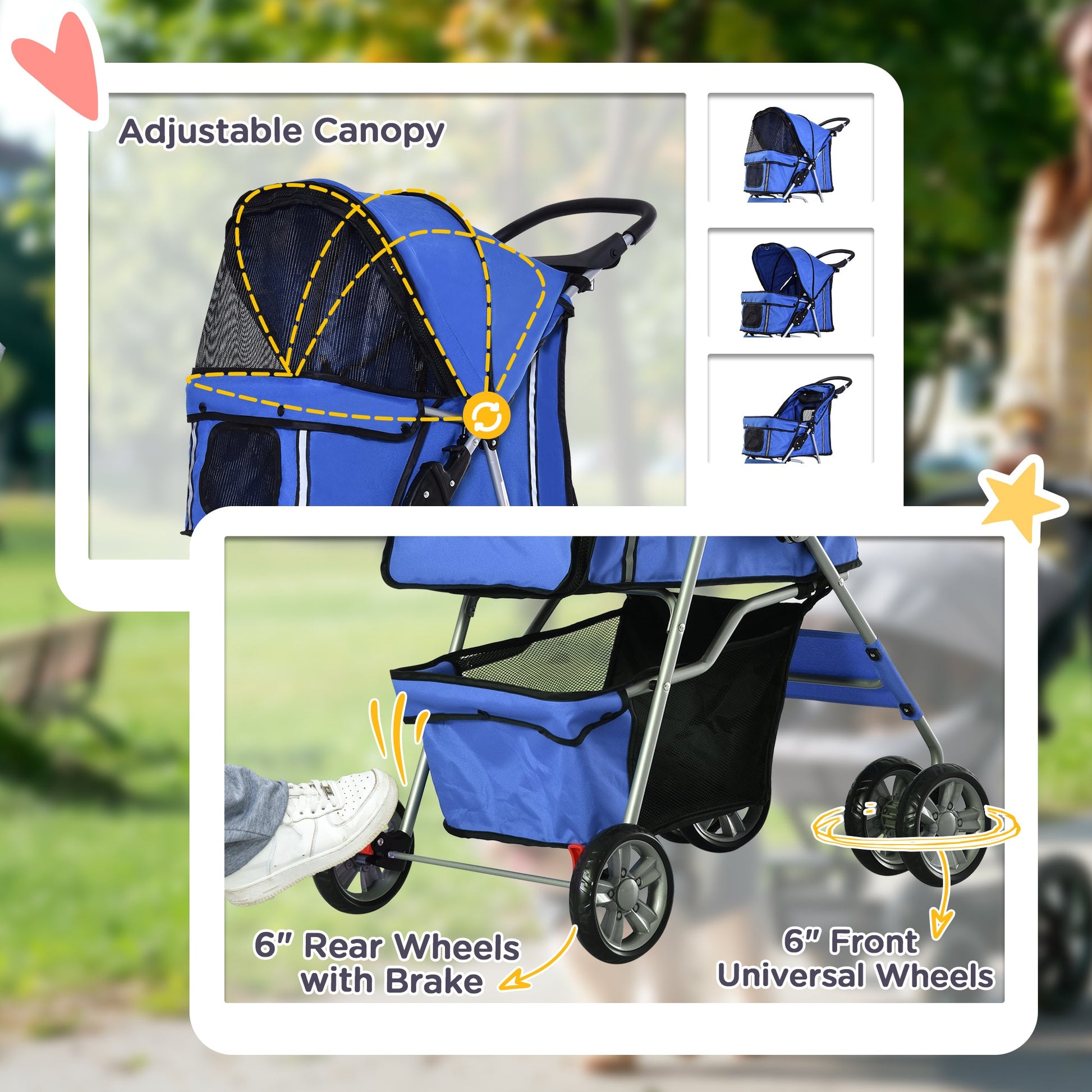 Pet Stroller for Small Miniature Dogs Cats Foldable Travel Carriage with Wheels Zipper Entry Cup Holder Storage Basket Blue