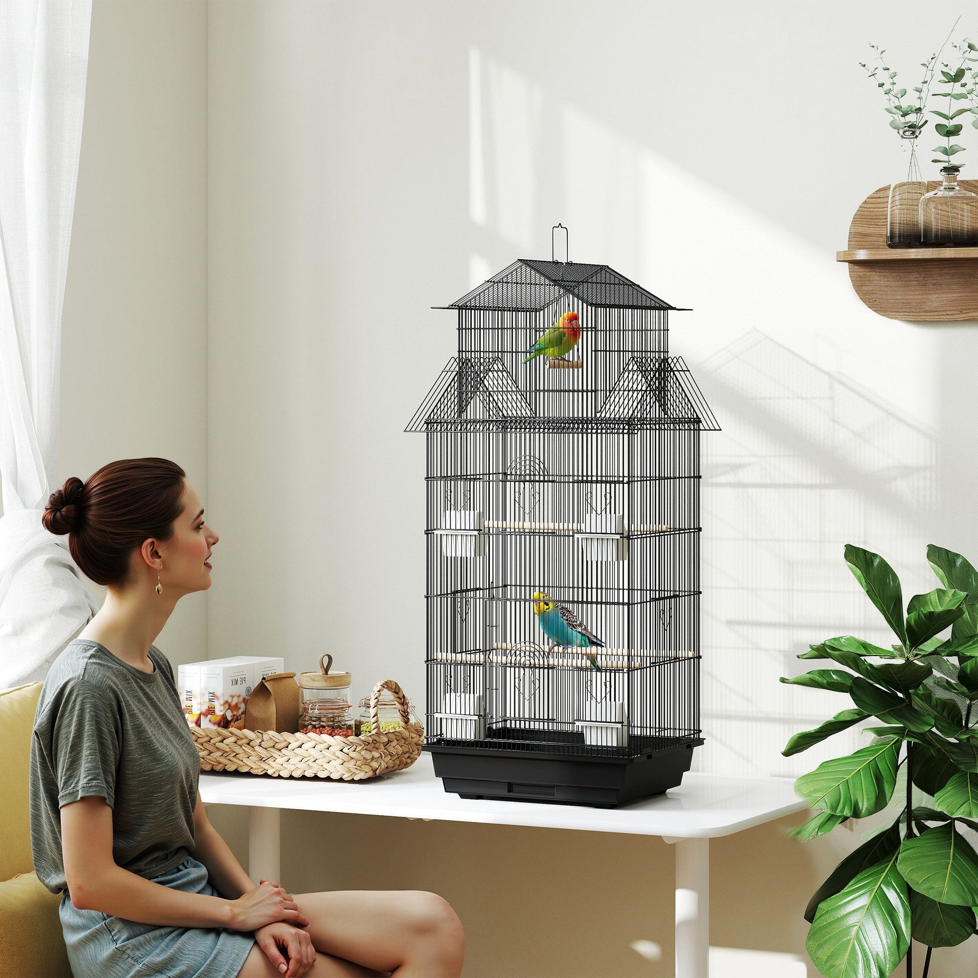 Bird Cage Budgie Cage with Slide Tray Handle for Finch Canary 43 x 32.5 x 104cm, Black