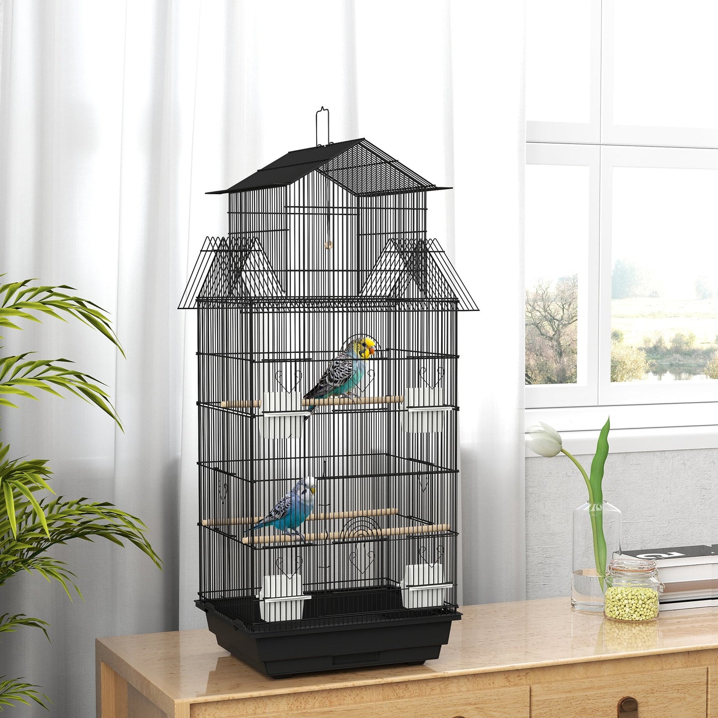 Bird Cage Budgie Cage with Slide Tray Handle for Finch Canary 43 x 32.5 x 104cm, Black