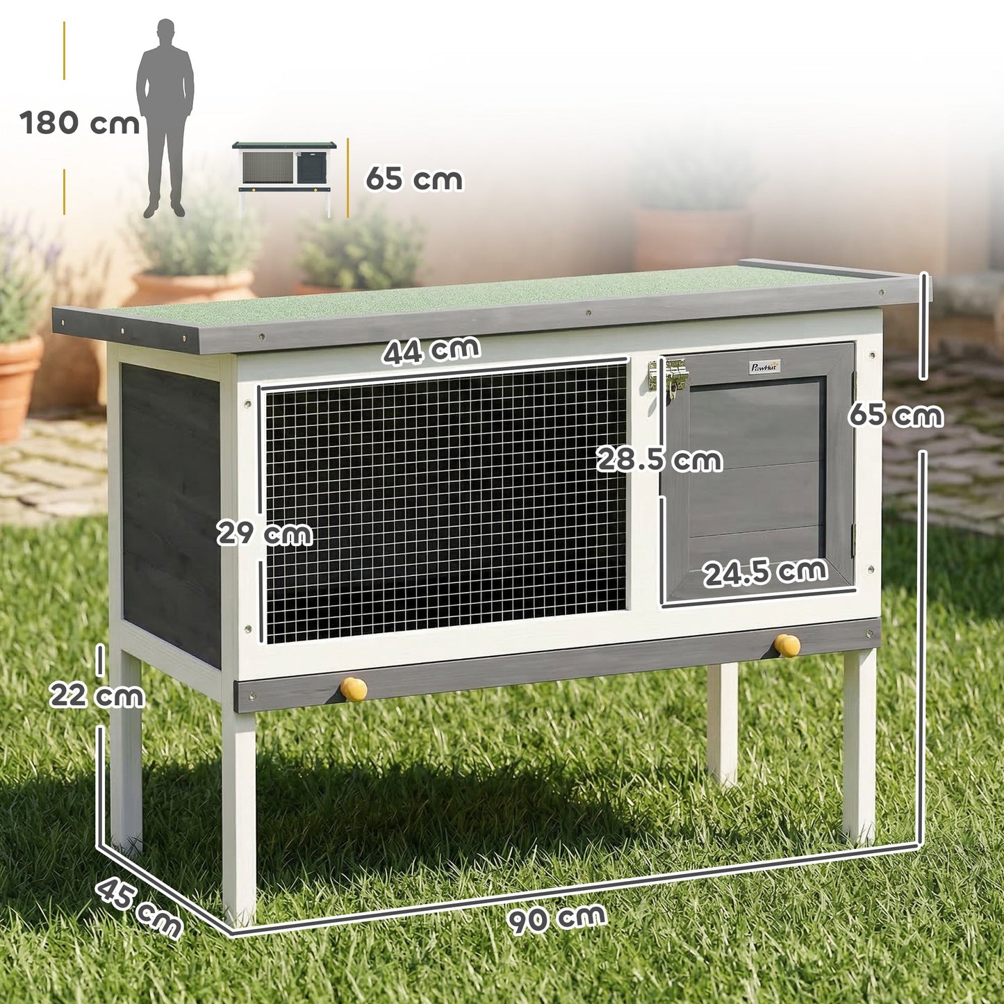 Wooden Rabbit Hutch, Guinea Pig Hutch with Openable Asphalt Roof and Pull-Out Tray, Outdoor Elevated Bunny House for Rabbits, Chinchillas and Small Animals, Indoor Outdoor Use, Grey