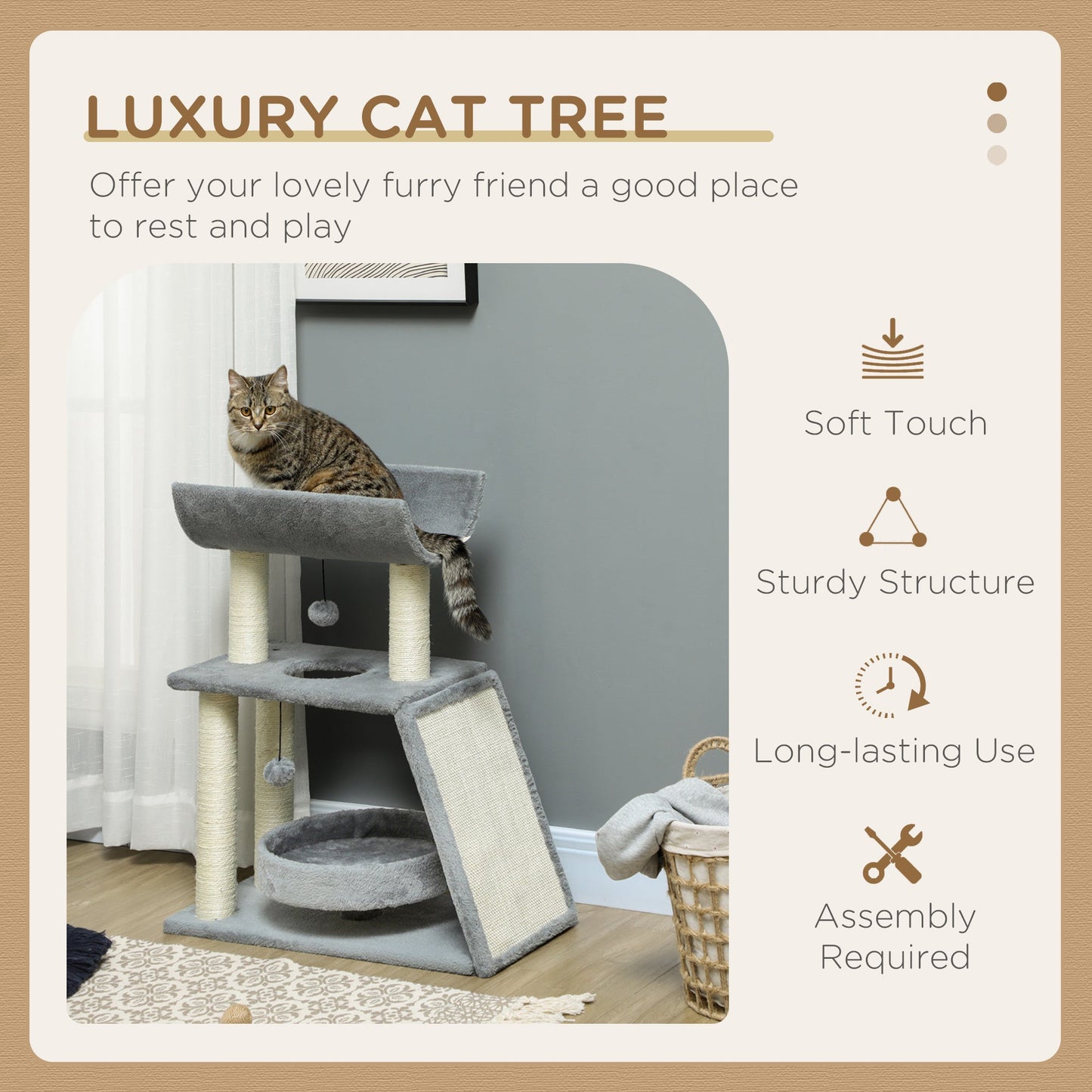 Cat Tree for Indoor Cats with Scratching Posts Pad, Kitten Tower with Bed Perch Ball Toy, 60 x 30 x 76 cm, Light Grey
