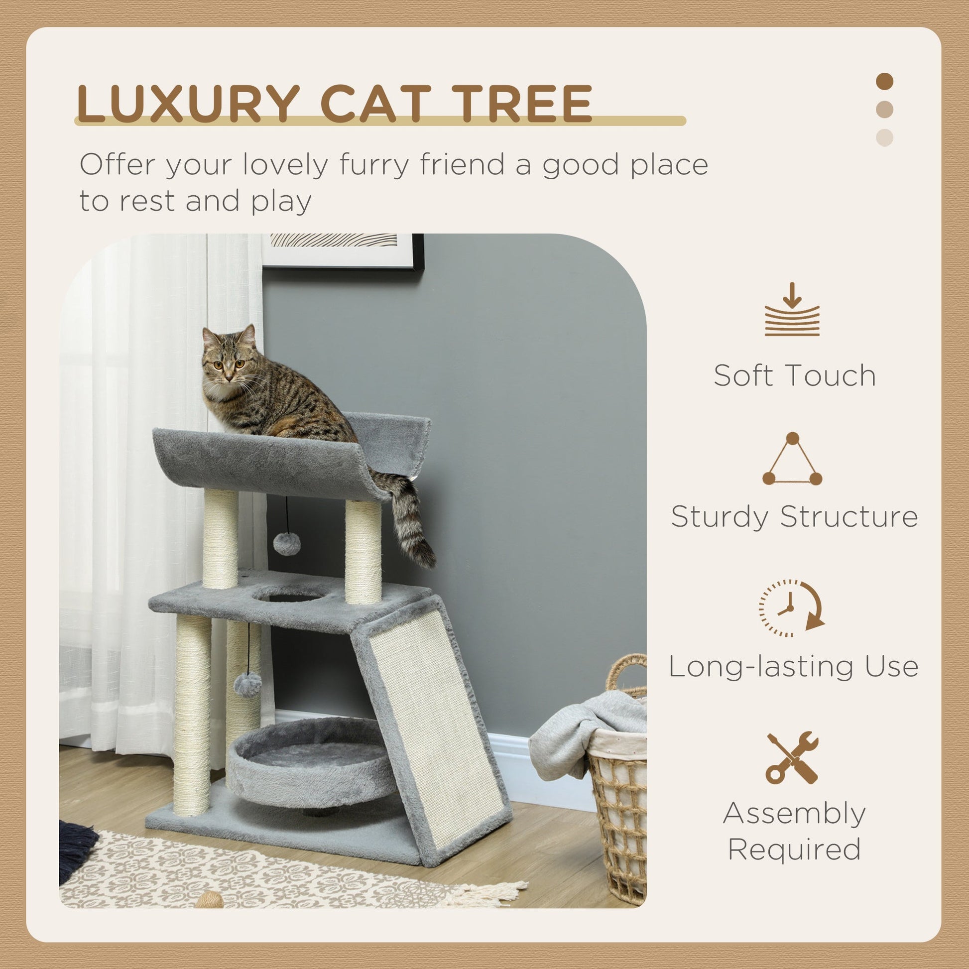 Cat Tree for Indoor Cats with Scratching Posts Pad, Kitten Tower with Bed Perch Ball Toy, 60 x 30 x 76 cm, Light Grey