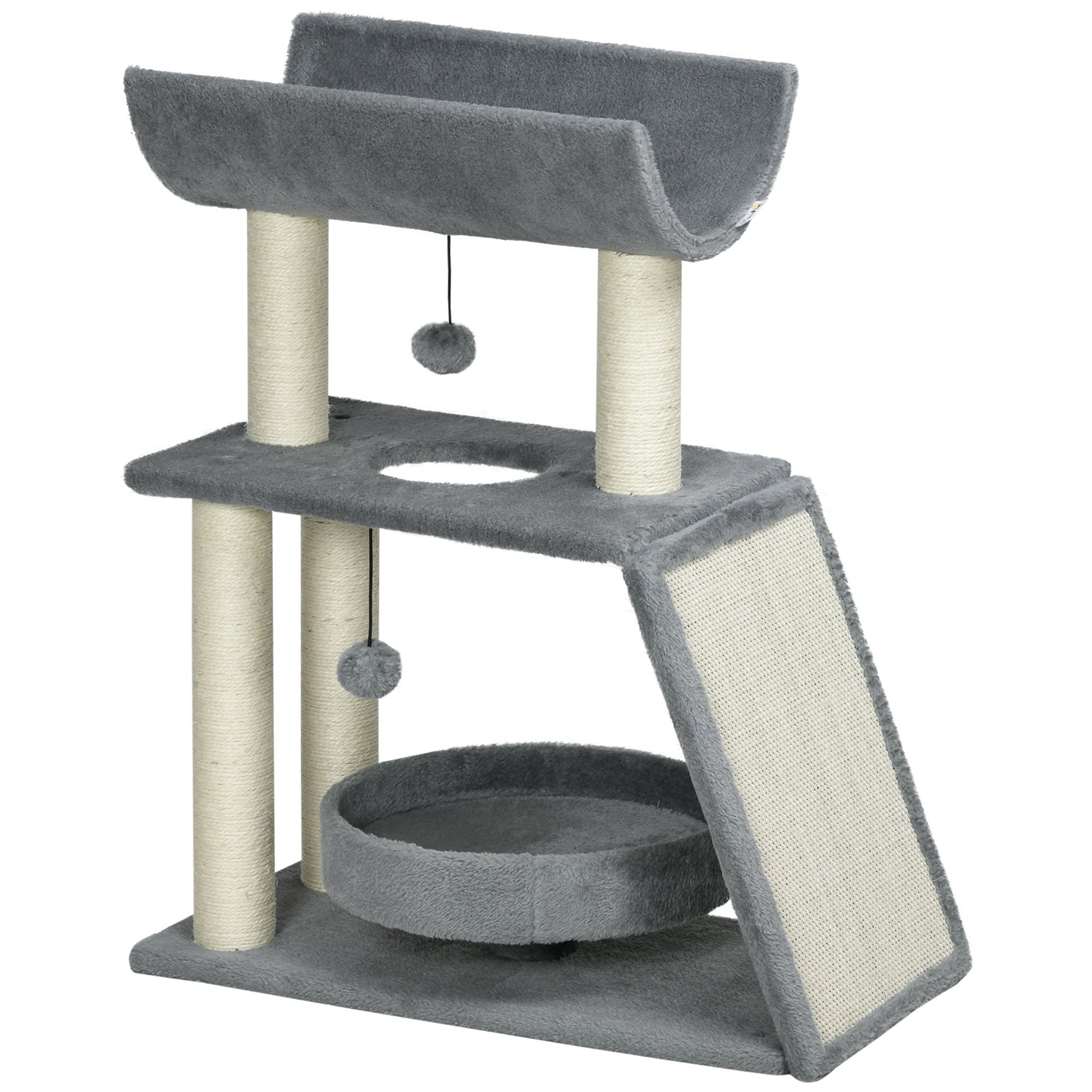 Cat Tree for Indoor Cats with Scratching Posts Pad, Kitten Tower with Bed Perch Ball Toy, 60 x 30 x 76 cm, Light Grey