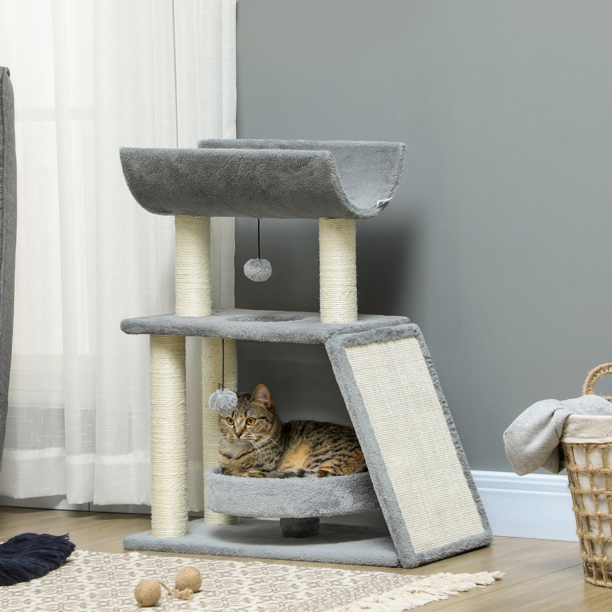 Cat Tree for Indoor Cats with Scratching Posts Pad, Kitten Tower with Bed Perch Ball Toy, 60 x 30 x 76 cm, Light Grey