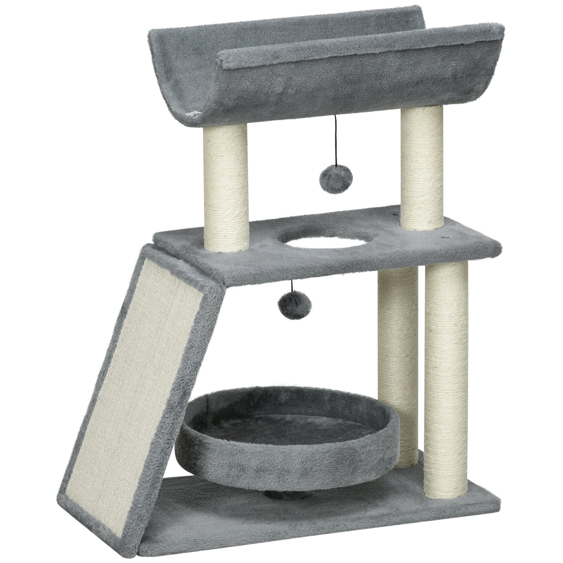 Cat Tree for Indoor Cats with Scratching Posts Pad, Kitten Tower with Bed Perch Ball Toy, 60 x 30 x 76 cm, Light Grey