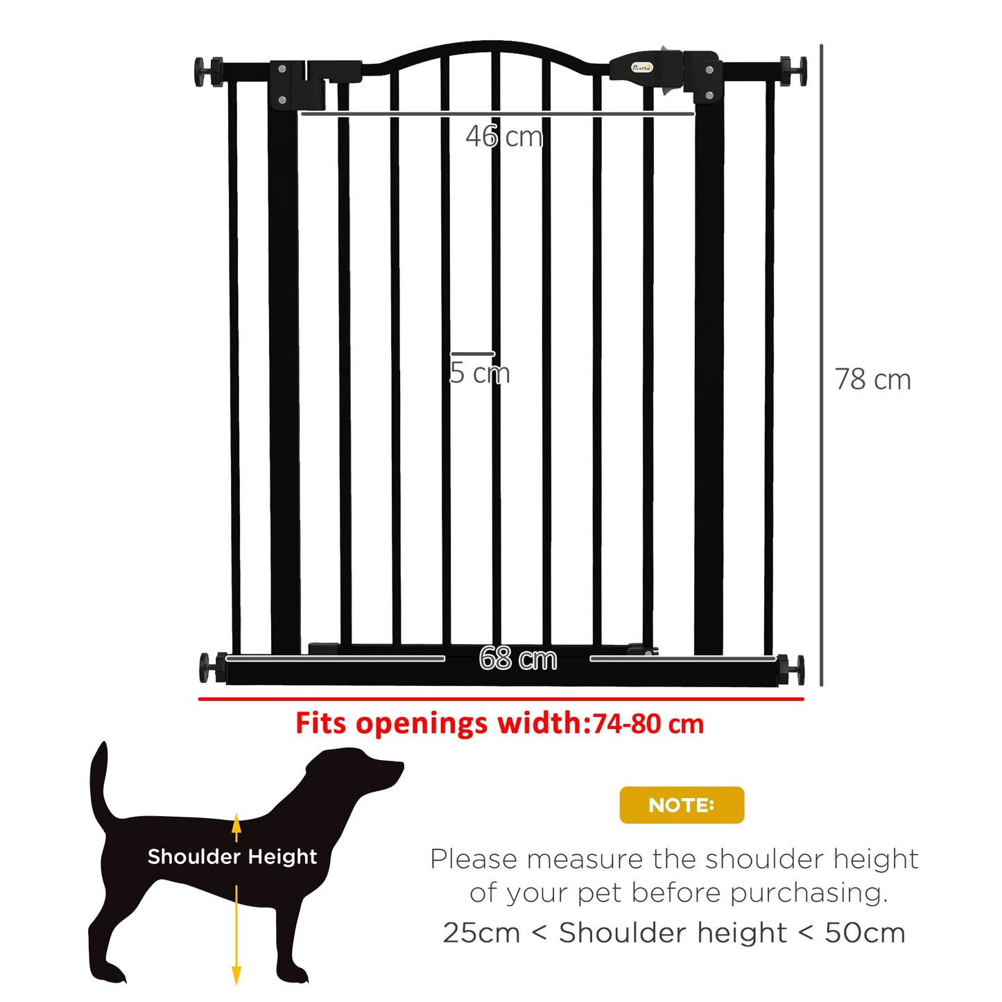 Pressure Fit Dog Stair Gate No Drilling Safety Gate Auto Close for Doorways, Hallways, 74-80cm Adjustable, 78cm Tall, Black