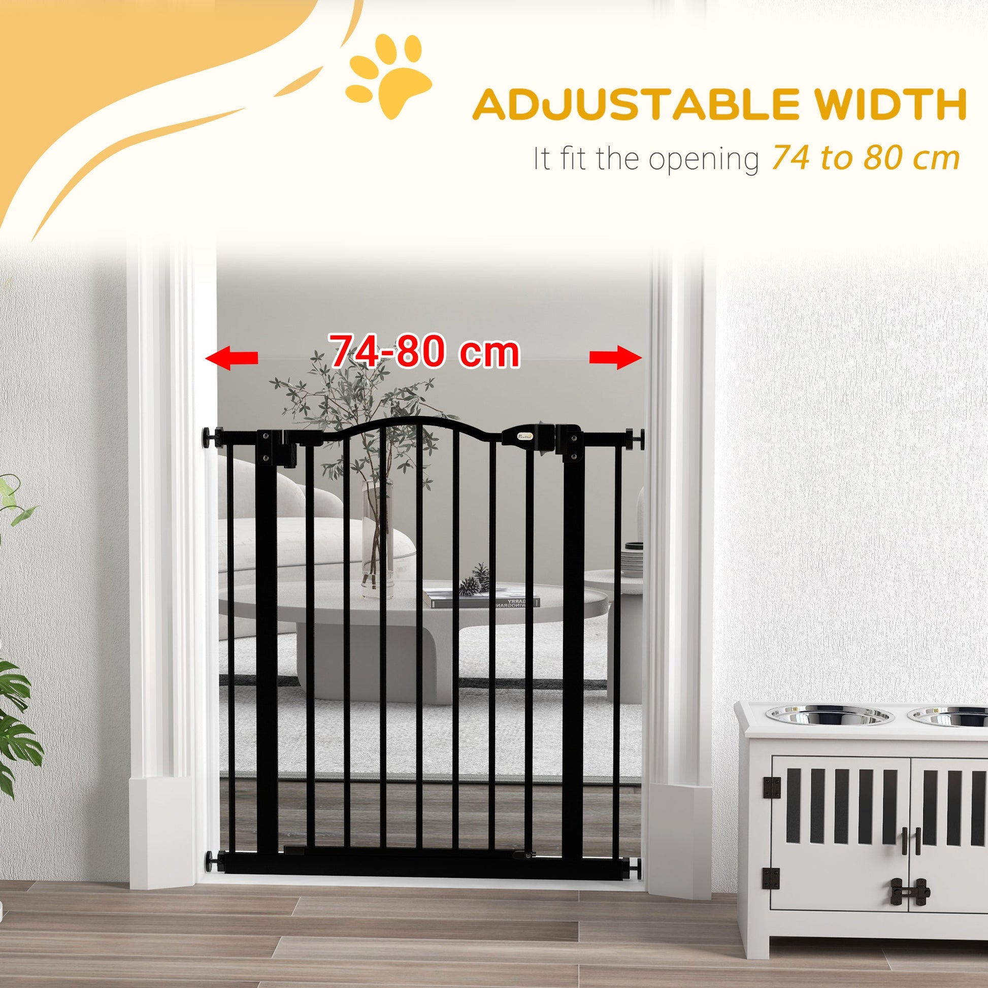 Pressure Fit Dog Stair Gate No Drilling Safety Gate Auto Close for Doorways, Hallways, 74-80cm Adjustable, 78cm Tall, Black