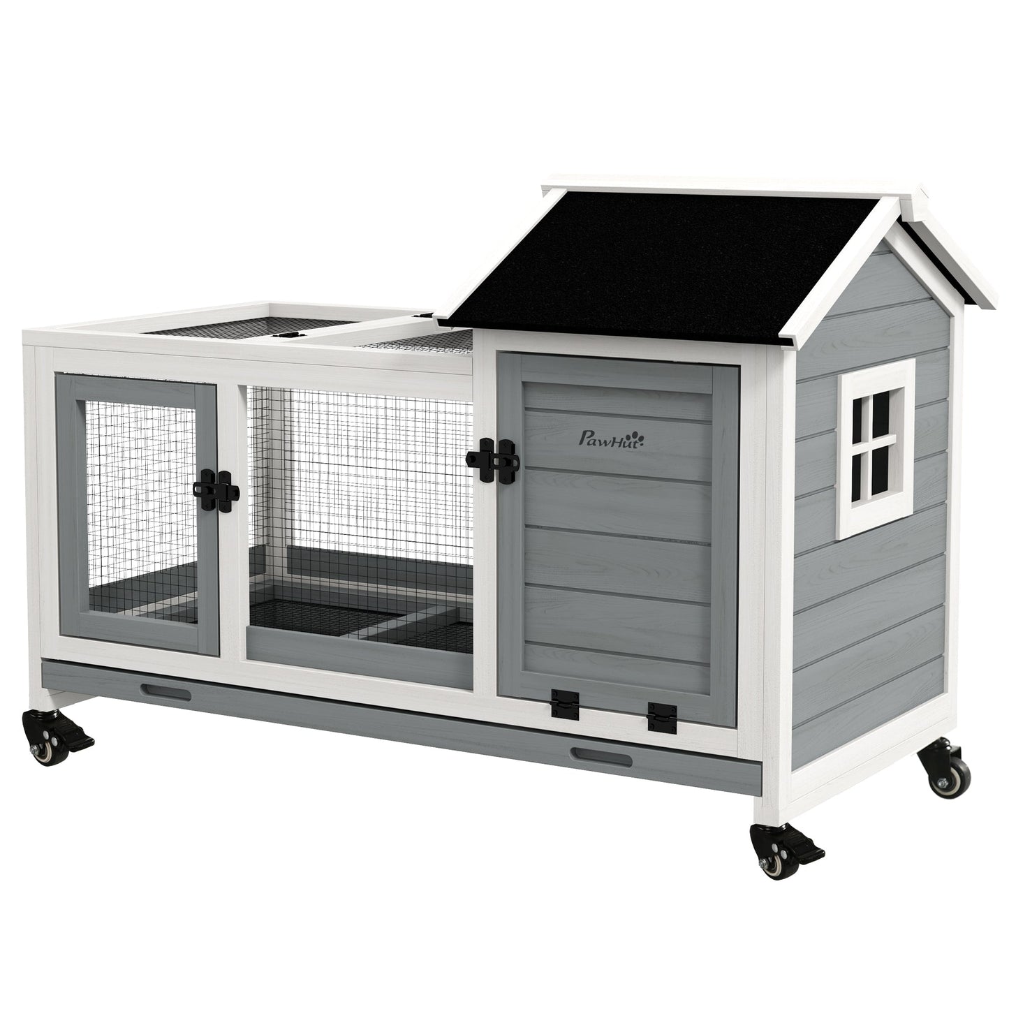 Wooden Rabbit Hutch with Wheels, Guinea Pig Cage, Small Animal House for Outdoor & Indoor with Slide-out Tray, 108 x 58 x 73.5cm, Grey