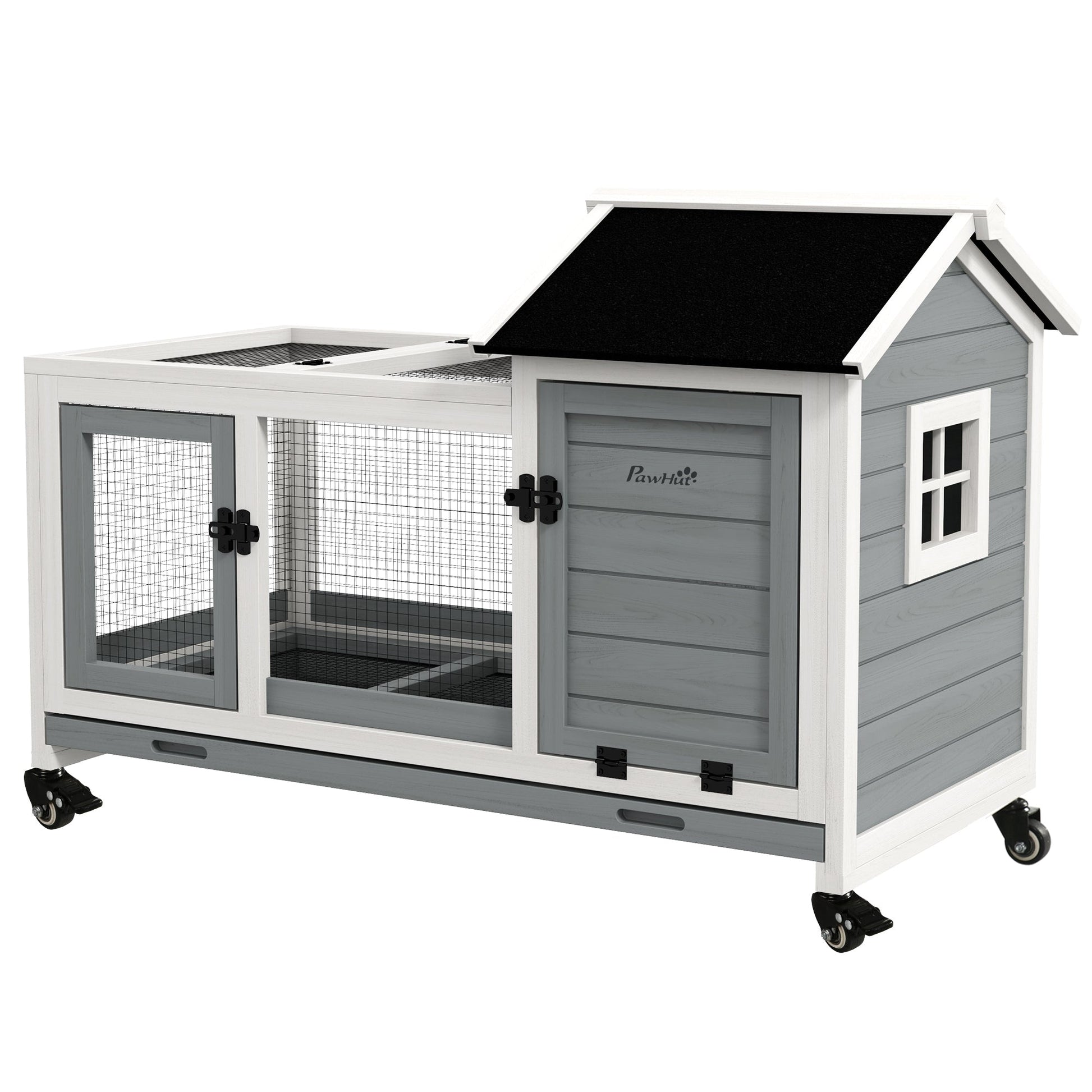Wooden Rabbit Hutch with Wheels, Guinea Pig Cage, Small Animal House for Outdoor & Indoor with Slide-out Tray, 108 x 58 x 73.5cm, Grey