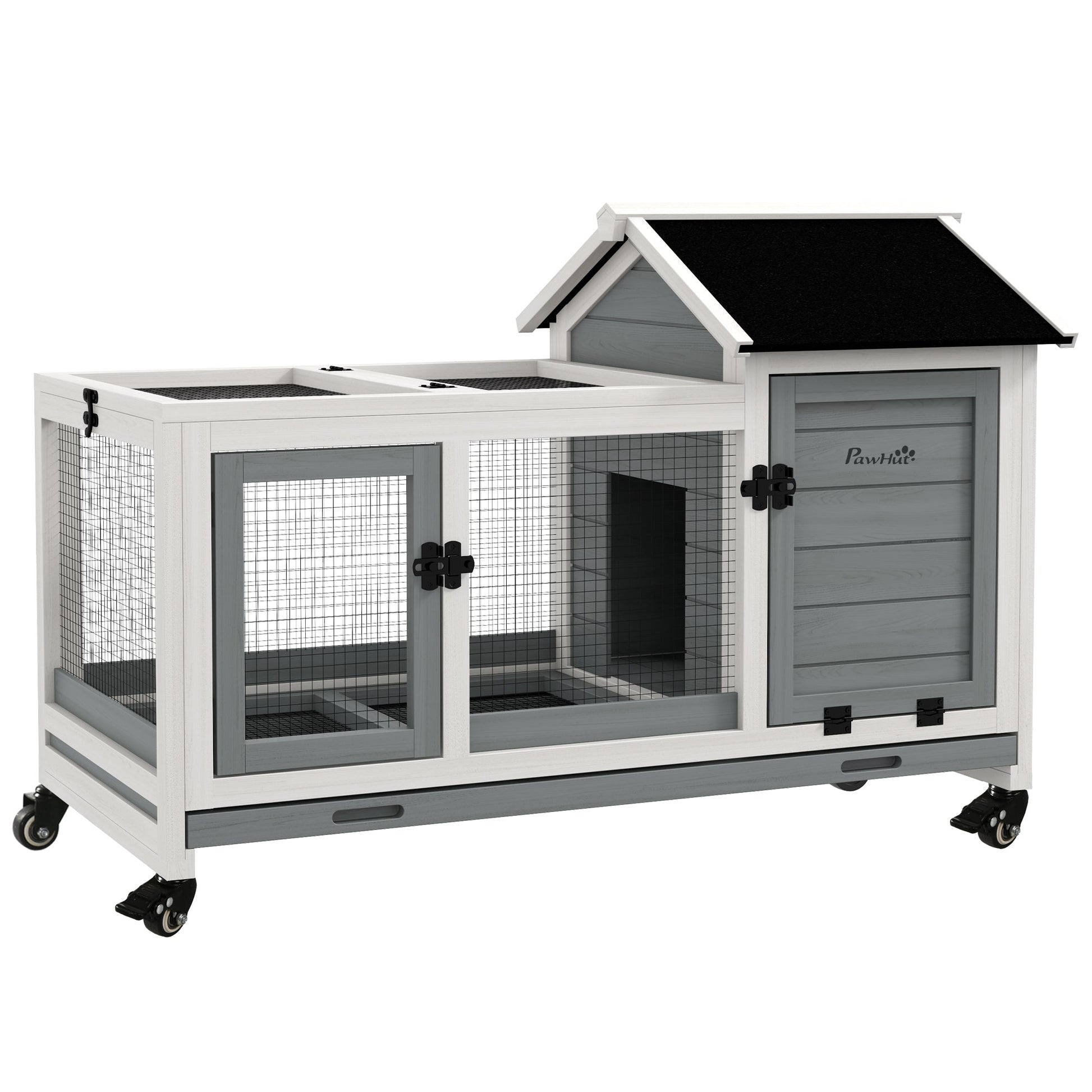 Wooden Rabbit Hutch with Wheels, Guinea Pig Cage, Small Animal House for Outdoor & Indoor with Slide-out Tray, 108 x 58 x 73.5cm, Grey