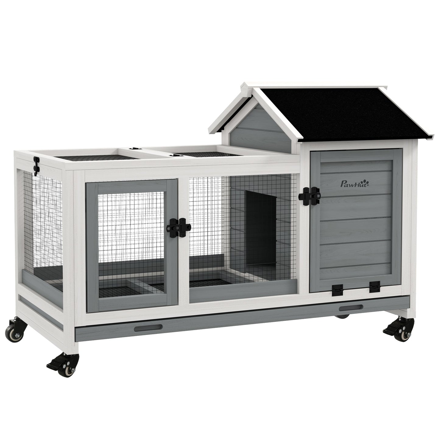 Wooden Rabbit Hutch with Wheels, Guinea Pig Cage, Small Animal House for Outdoor & Indoor with Slide-out Tray, 108 x 58 x 73.5cm, Grey