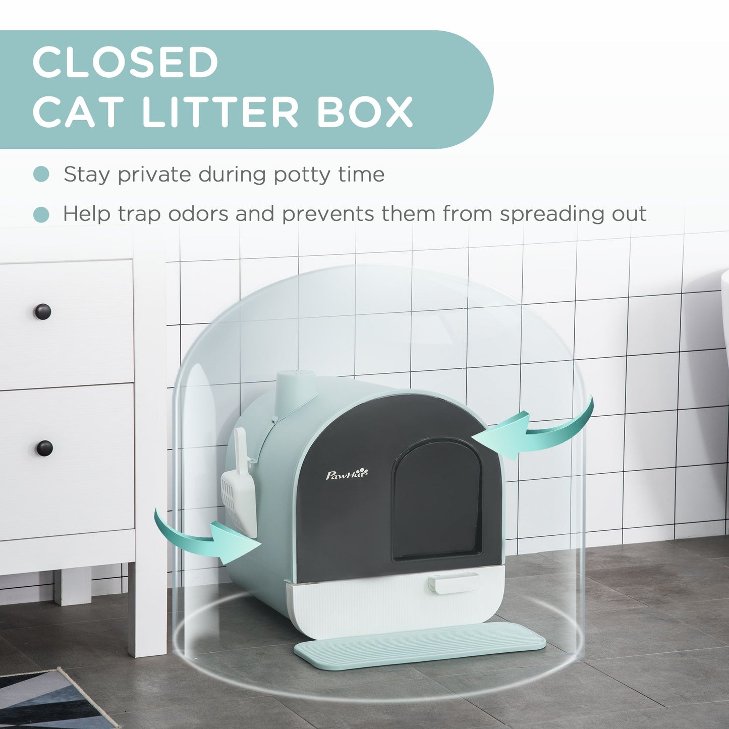 Cat Litter Box Kitten Litter Tray w/ Hood, Scoop, Filter, Flap Door, 43 x 44 x 47cm - Green