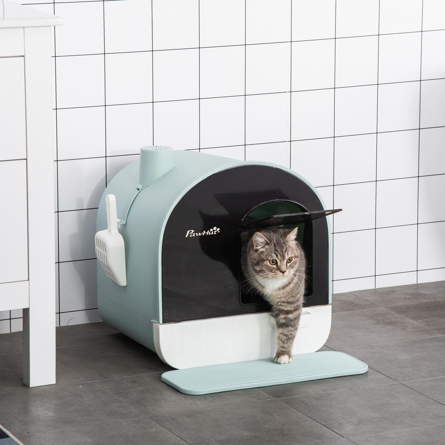 Cat Litter Box Kitten Litter Tray w/ Hood, Scoop, Filter, Flap Door, 43 x 44 x 47cm - Green