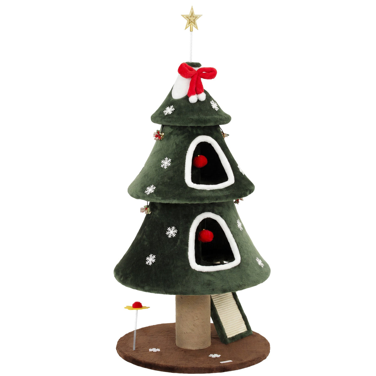 Cat Tree, Christmas Cat Tower with Dual Condos, Sisal Ladder, Jute Posts, Anti-Tip Rope, Hanging Balls, Scratching Post for Indoor Kittens, 60 x 60 x 132 cm, Green