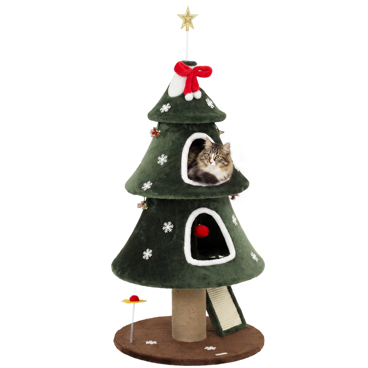 Cat Tree, Christmas Cat Tower with Dual Condos, Sisal Ladder, Jute Posts, Anti-Tip Rope, Hanging Balls, Scratching Post for Indoor Kittens, 60 x 60 x 132 cm, Green