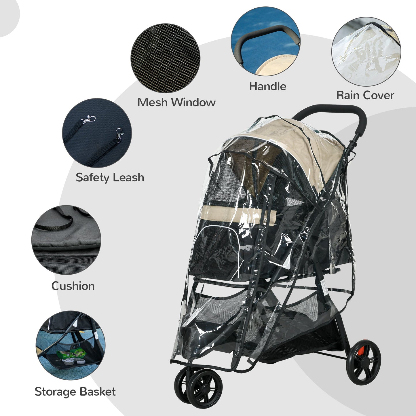 Dog Pram with Rain Cover Pet Stroller, Foldable Dog Pushchair for Small and Miniature Dogs, Cats - Khaki