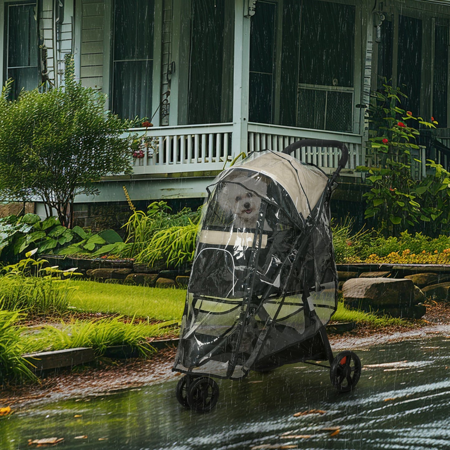 Dog Pram with Rain Cover Pet Stroller, Foldable Dog Pushchair for Small and Miniature Dogs, Cats - Khaki