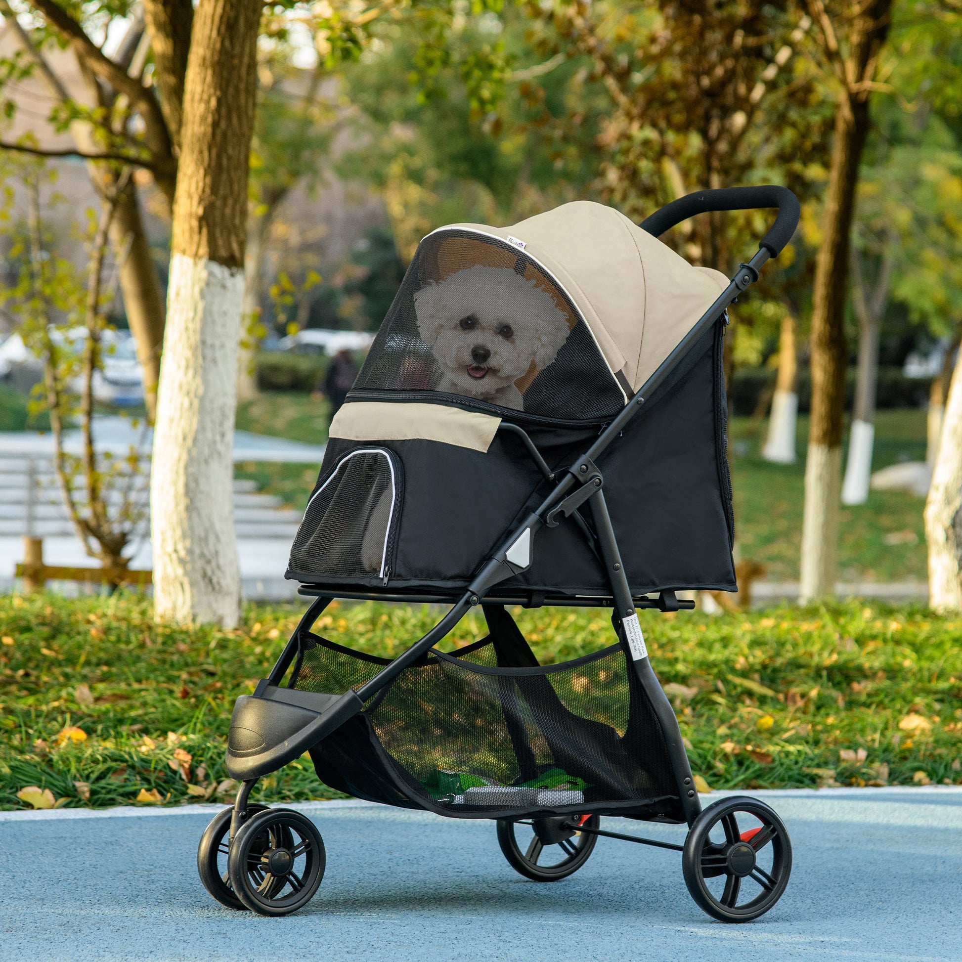 Dog Pram with Rain Cover Pet Stroller, Foldable Dog Pushchair for Small and Miniature Dogs, Cats - Khaki