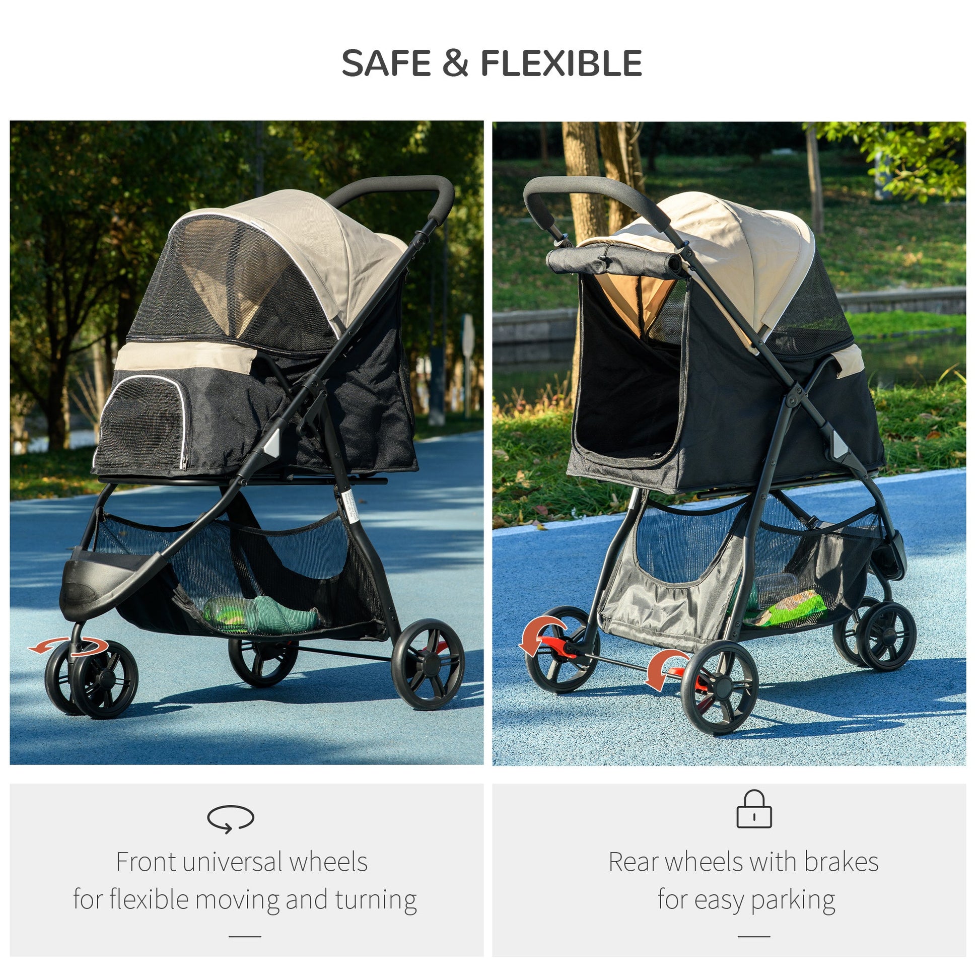 Dog Pram with Rain Cover Pet Stroller, Foldable Dog Pushchair for Small and Miniature Dogs, Cats - Khaki