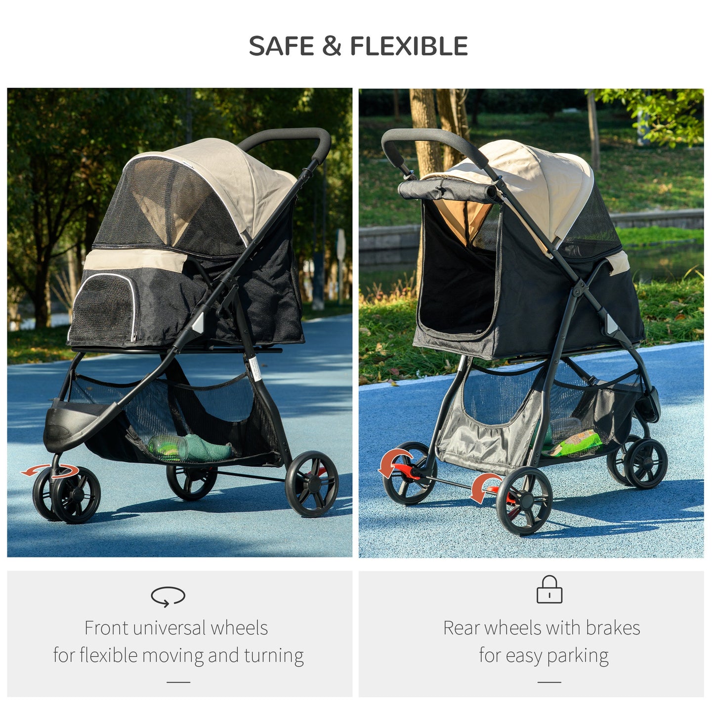 Dog Pram with Rain Cover Pet Stroller, Foldable Dog Pushchair for Small and Miniature Dogs, Cats - Khaki