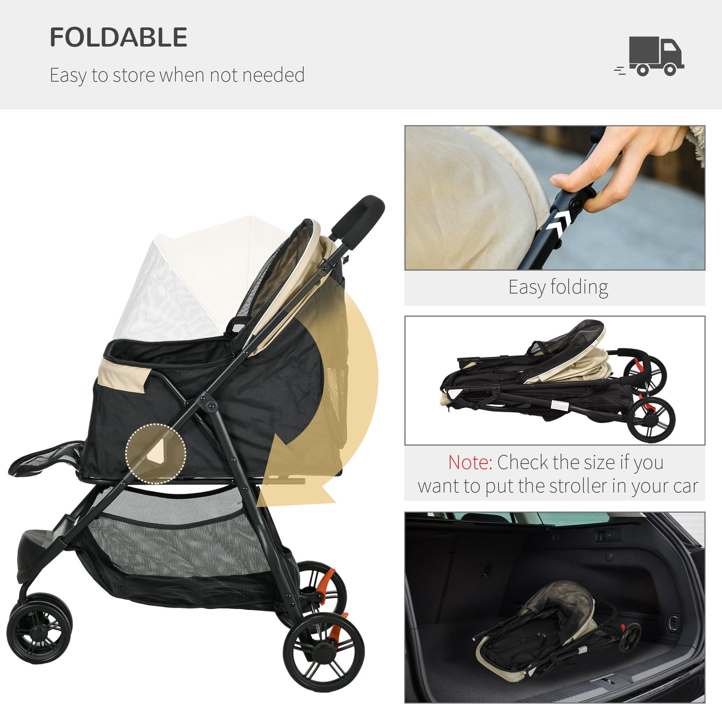 Dog Pram with Rain Cover Pet Stroller, Foldable Dog Pushchair for Small and Miniature Dogs, Cats - Khaki