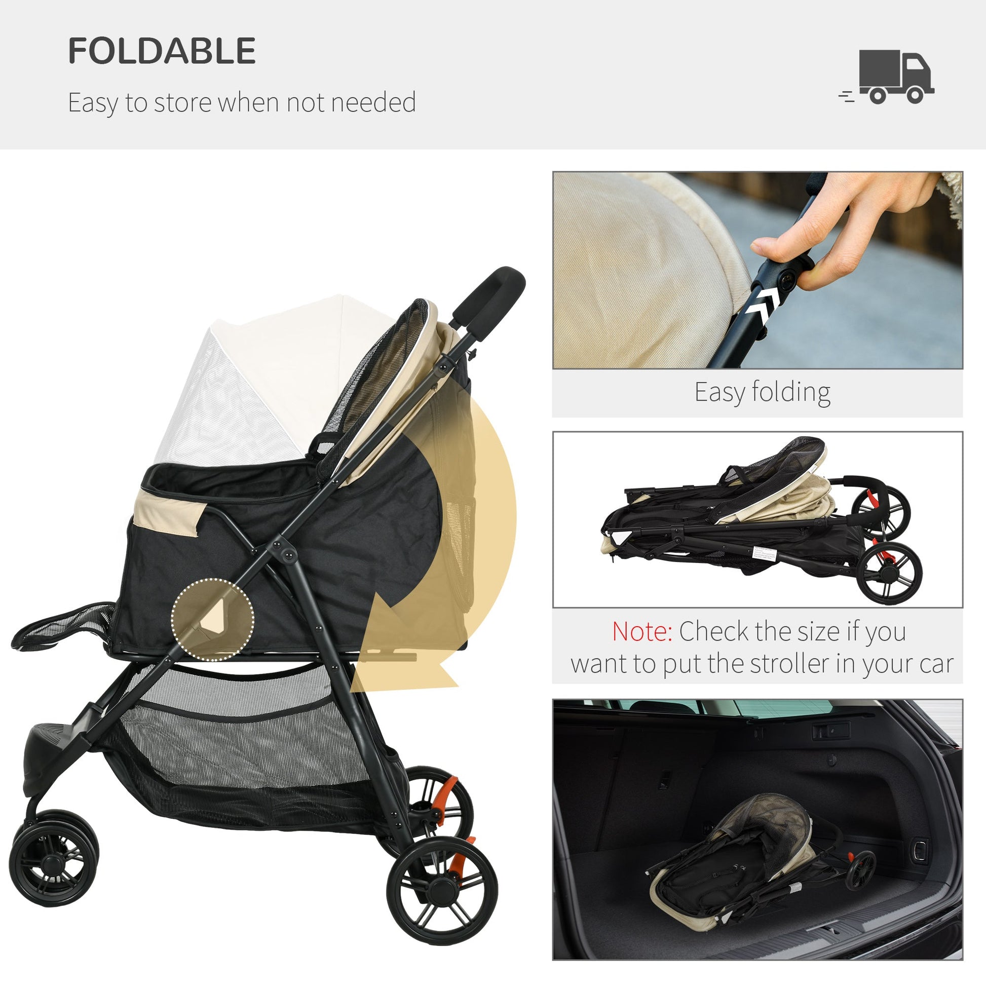 Dog Pram with Rain Cover Pet Stroller, Foldable Dog Pushchair for Small and Miniature Dogs, Cats - Khaki