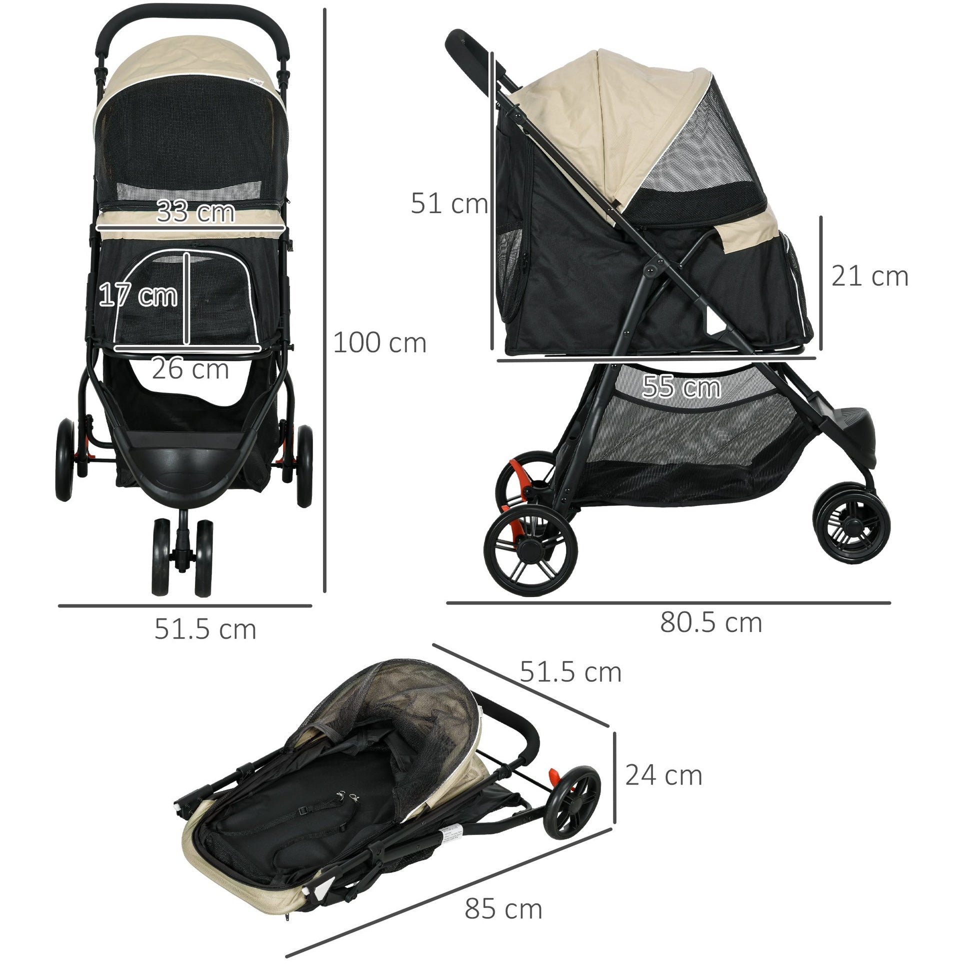 Dog Pram with Rain Cover Pet Stroller, Foldable Dog Pushchair for Small and Miniature Dogs, Cats - Khaki