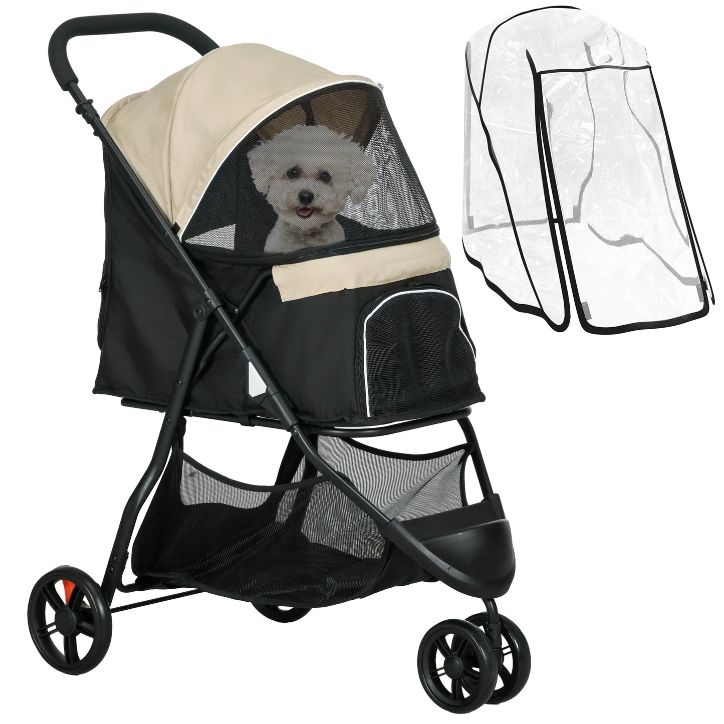 Dog Pram with Rain Cover Pet Stroller, Foldable Dog Pushchair for Small and Miniature Dogs, Cats - Khaki