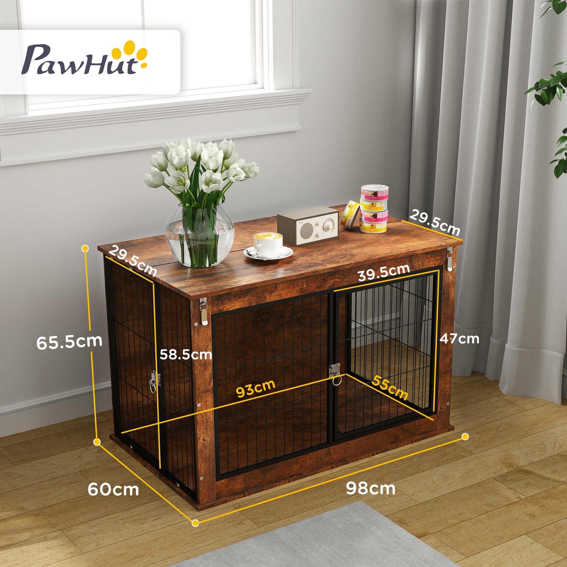 Dog Crate Furniture, Dog Cage End Table with Openable Top, Two Lockable Doors, for Large Pets, 98 x 60 x 65.5cm, Rustic Brown