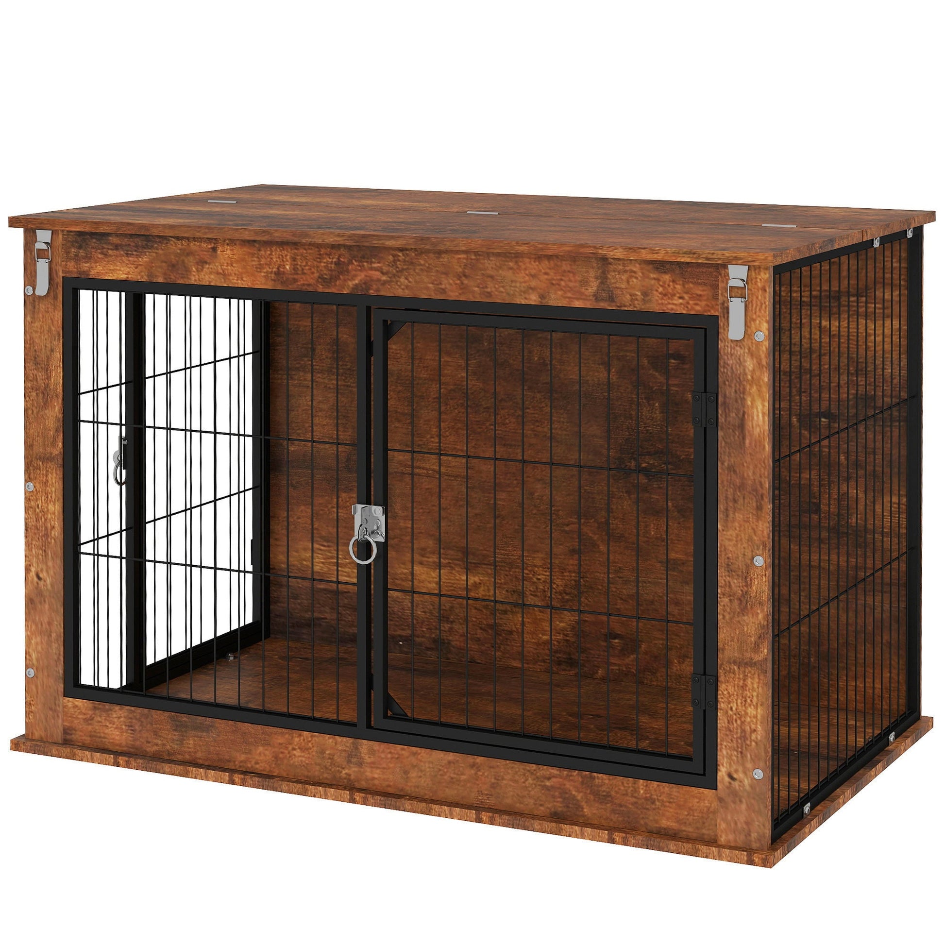 Dog Crate Furniture, Dog Cage End Table with Openable Top, Two Lockable Doors, for Large Pets, 98 x 60 x 65.5cm, Rustic Brown
